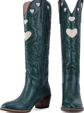 Knee High Boots for Women Heart Embroidered Western Boots Round Toe